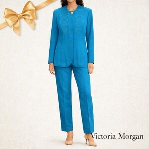 Victoria Morgan Swirl Teal Suit Retro 1980s Size 10 Vintage